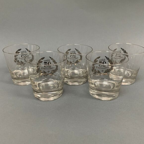 25th Silver Anniversary Old Fashion Clear Glasses Platinum 3 5/8" High Lot of 5 - Picture 5 of 7